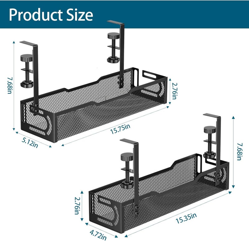 Ucanng 2Pack Under Desk Cable Management Tray, No Drill Mesh Desk Cable Tray, Wire Management Tray Cable Management Rack, Wire Organizer and Cable Management Box (Black) - Image 2
